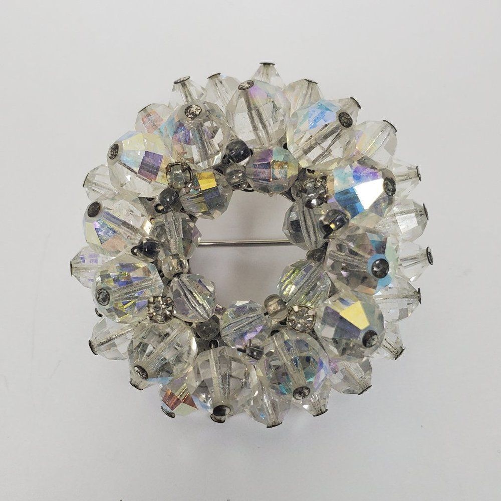 Vintage Aurora Borealis Clear AB Glass Beaded Cluster Wreath‎ Circle Brooch Pin